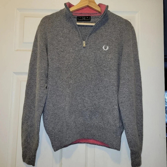 Men's Vintage Wool Cashmere FRED PERRY Mock Turtleneck Zip Sweater S Logo - Picture 1 of 6